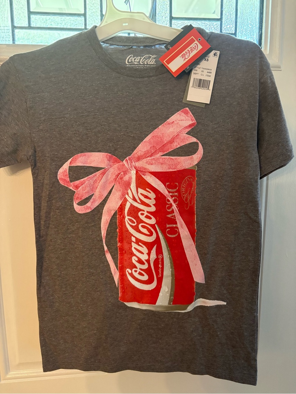 Coca Cola Gray Tee with Red Can and Pink Bow Graphic